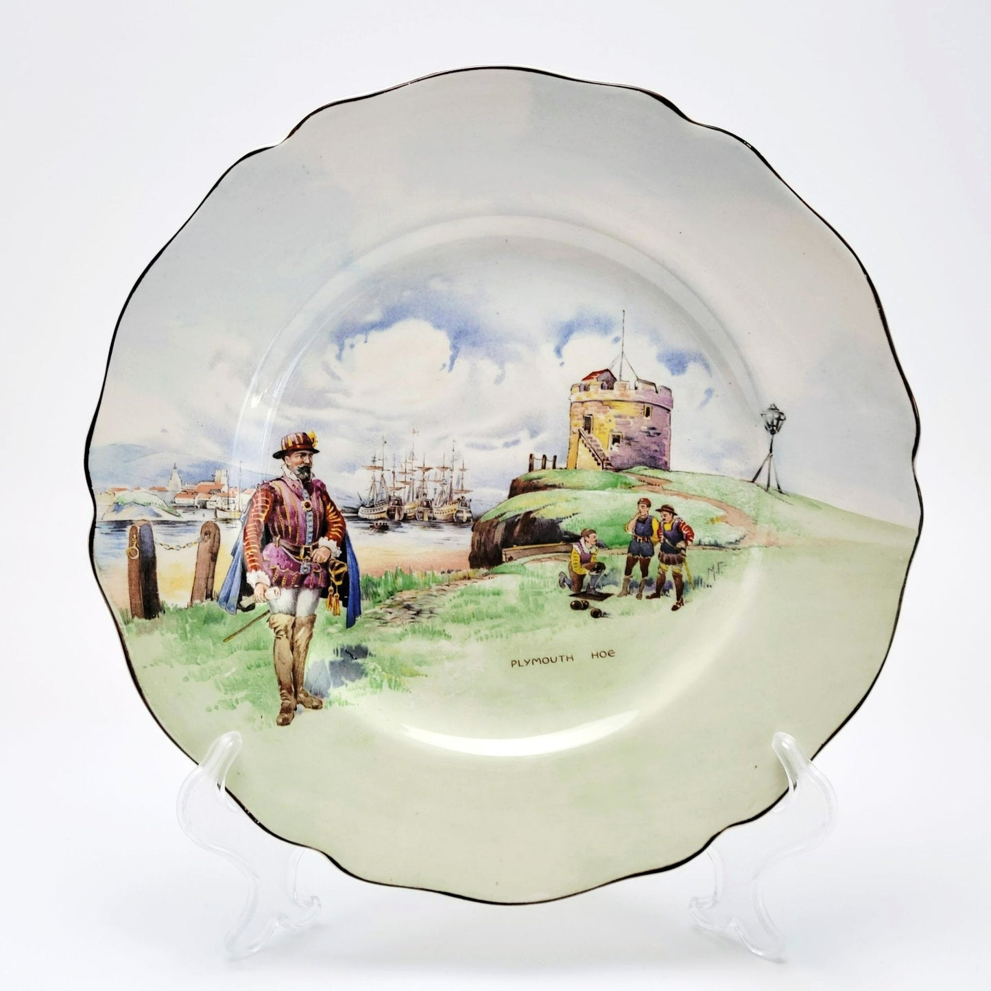 Vintage Royal Doulton Historical England Plymouth Hoe Plate, Castle, Tall Ships & Men Design