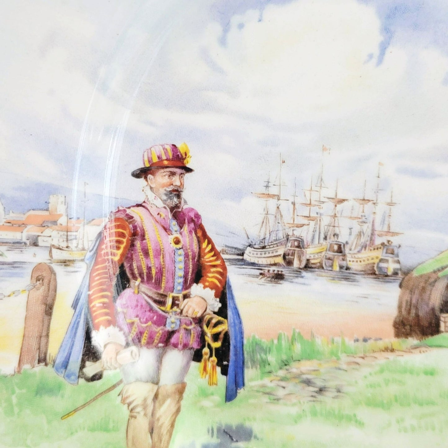Vintage Royal Doulton Historical England Plymouth Hoe Plate, Castle, Tall Ships & Men Design