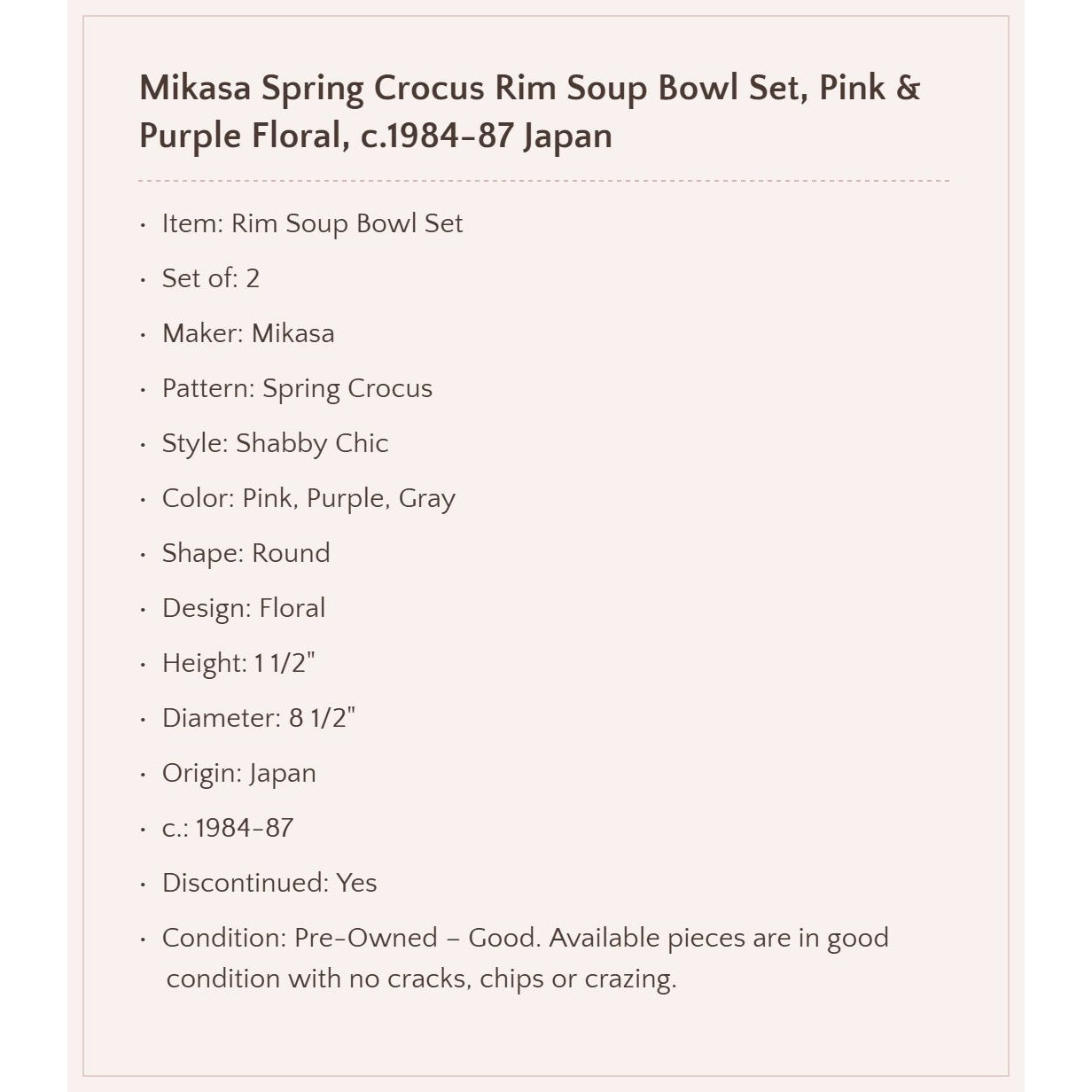 Mikasa "Spring Crocus" Rim Soup Bowl Set, c.1984-87 Japan