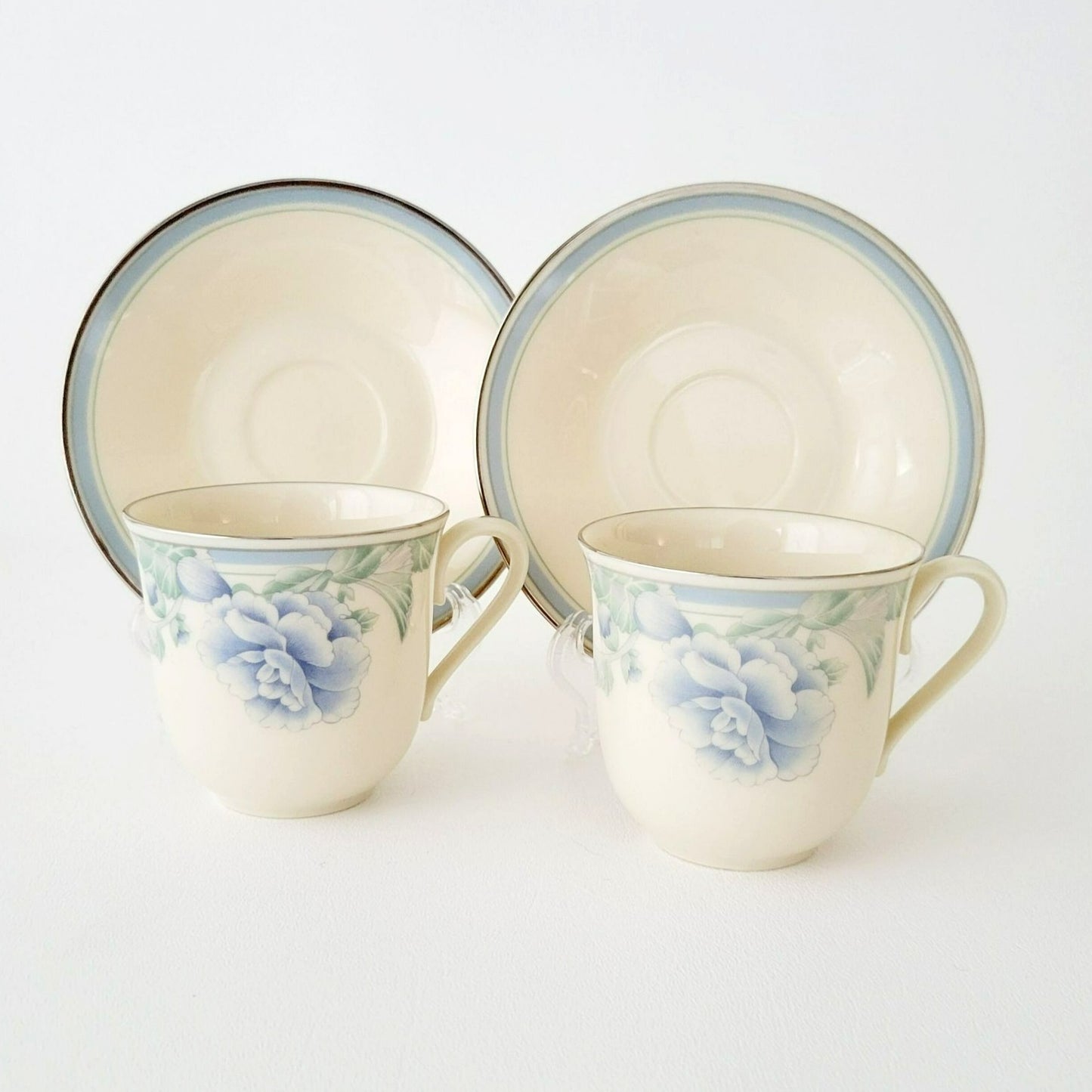 Lenox Brentwood Teacup & Saucer, 2 Sets, Blue & Green Floral, Platinum Trim, c.1980s USA