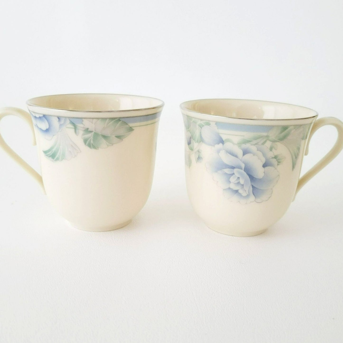 Lenox Brentwood Teacup & Saucer, 2 Sets, Blue & Green Floral, Platinum Trim, c.1980s USA