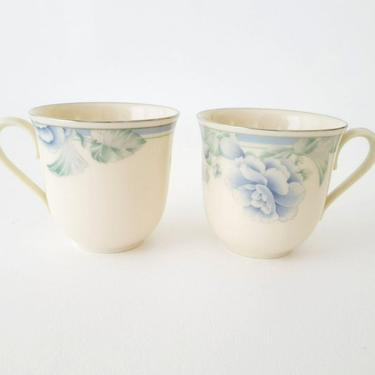 Lenox Brentwood Teacup & Saucer, 2 Sets, Blue & Green Floral, Platinum Trim, c.1980s USA