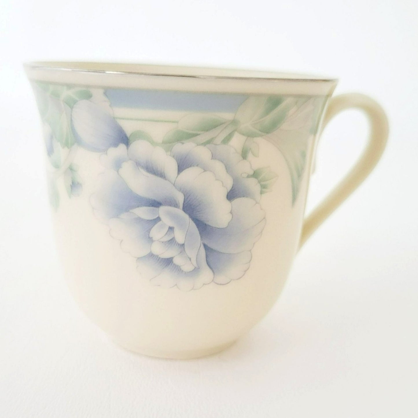 Lenox Brentwood Teacup & Saucer, 2 Sets, Blue & Green Floral, Platinum Trim, c.1980s USA