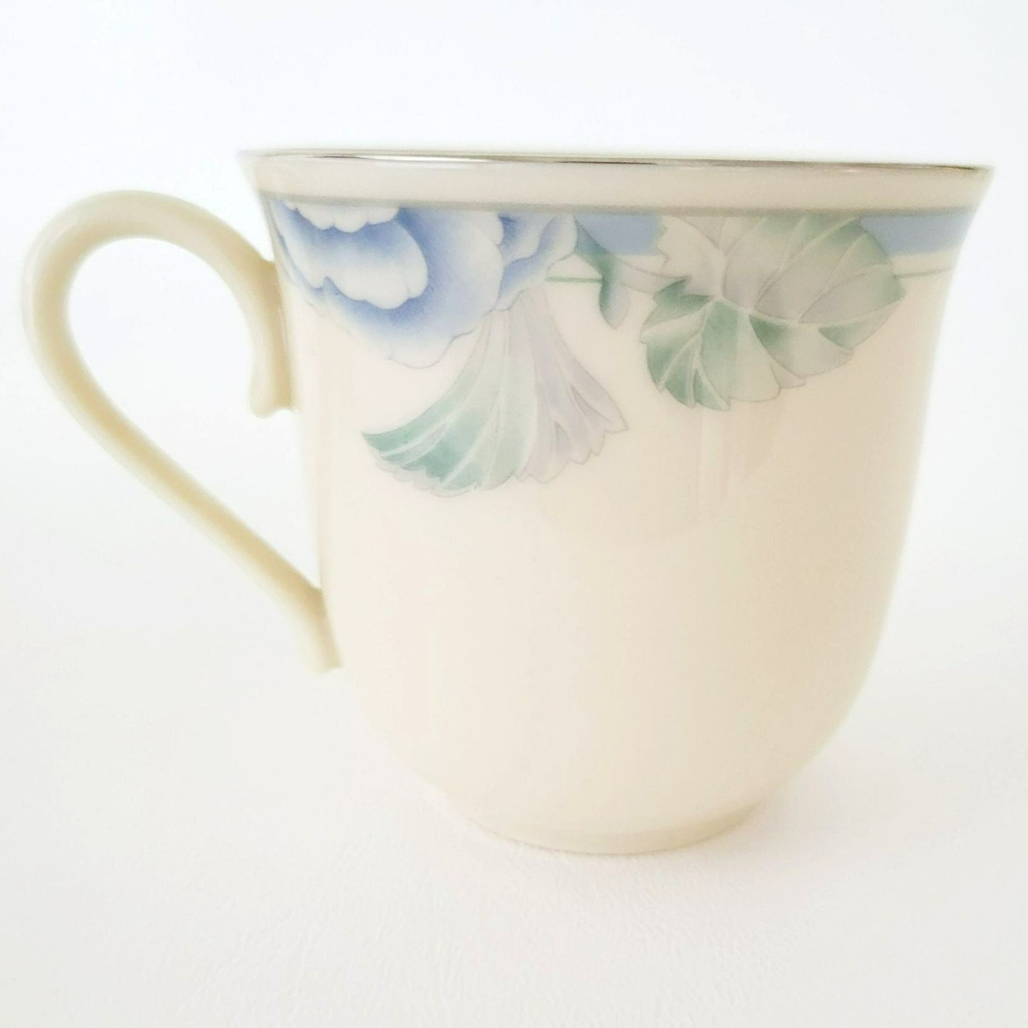 Lenox Brentwood Teacup & Saucer, 2 Sets, Blue & Green Floral, Platinum Trim, c.1980s USA