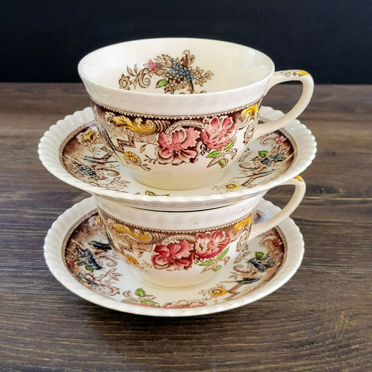 Johnson Bros Devonshire Brown Teacup & Saucer, 2 Sets, Made in England