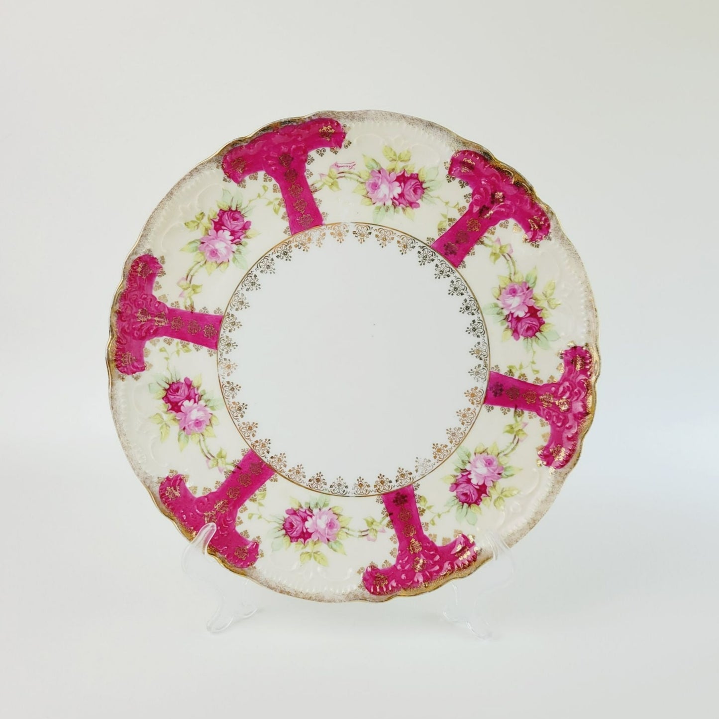 Vintage German Pink & Gold Floral Centerpiece Platter, Artist Signed, Weimar c.1848-1933 Germany