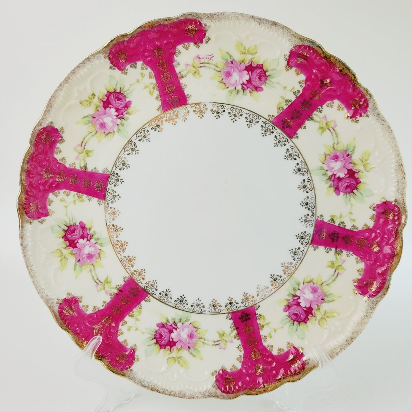 Vintage German Pink & Gold Floral Centerpiece Platter, Artist Signed, Weimar c.1848-1933 Germany