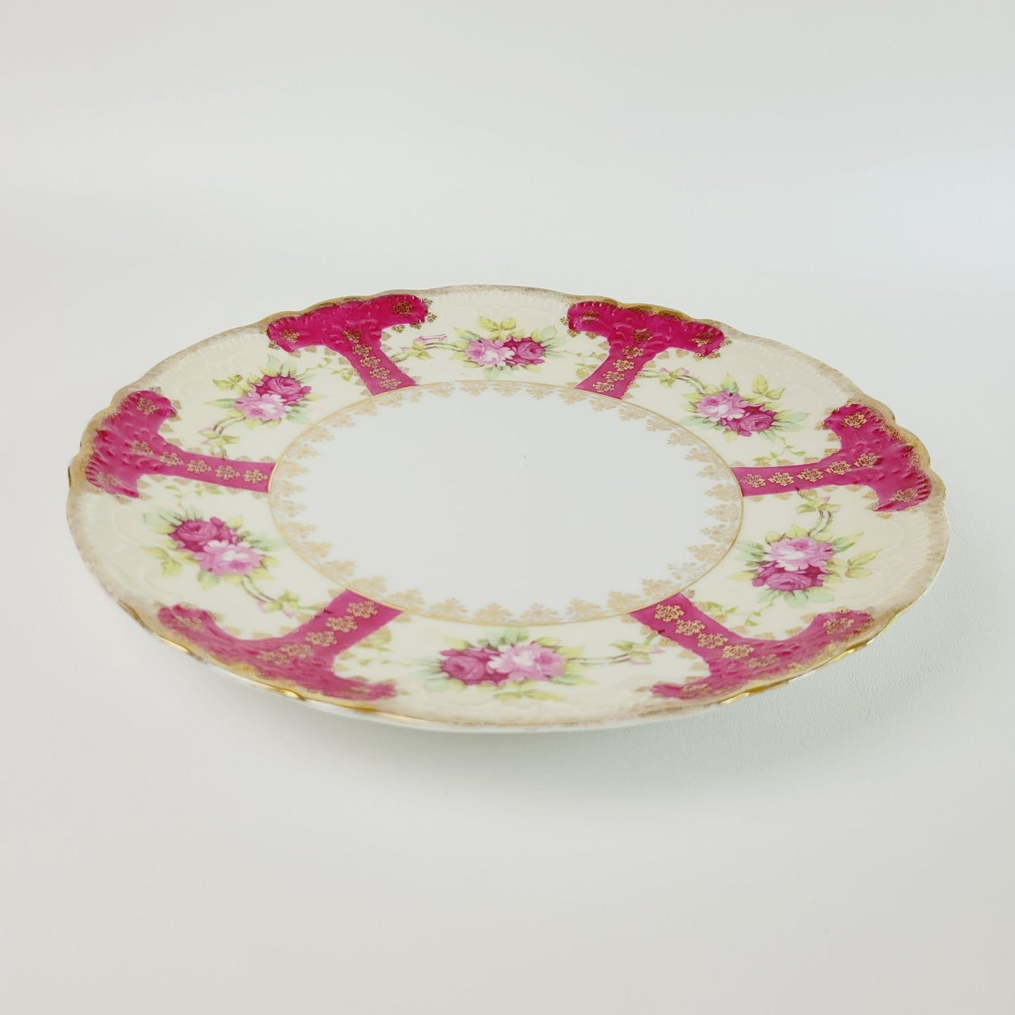 Vintage German Pink & Gold Floral Centerpiece Platter, Artist Signed, Weimar c.1848-1933 Germany