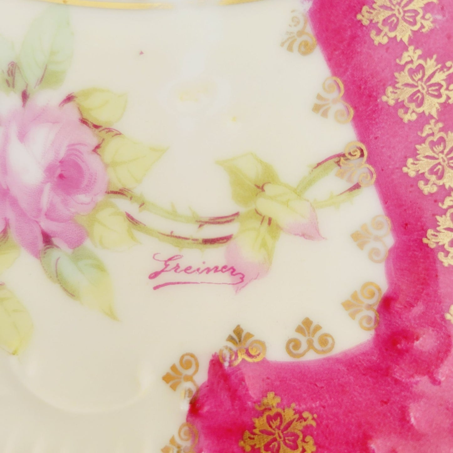 Vintage German Pink & Gold Floral Centerpiece Platter, Artist Signed, Weimar c.1848-1933 Germany