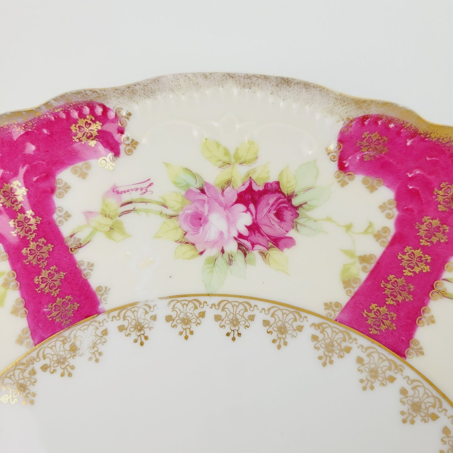 Vintage German Pink & Gold Floral Centerpiece Platter, Artist Signed, Weimar c.1848-1933 Germany