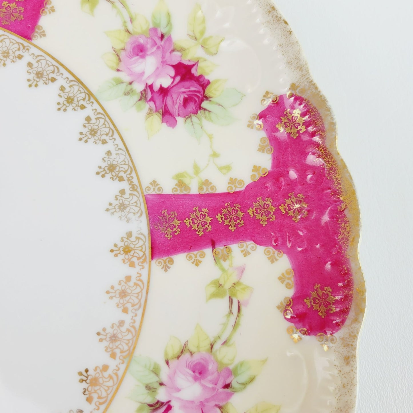 Vintage German Pink & Gold Floral Centerpiece Platter, Artist Signed, Weimar c.1848-1933 Germany