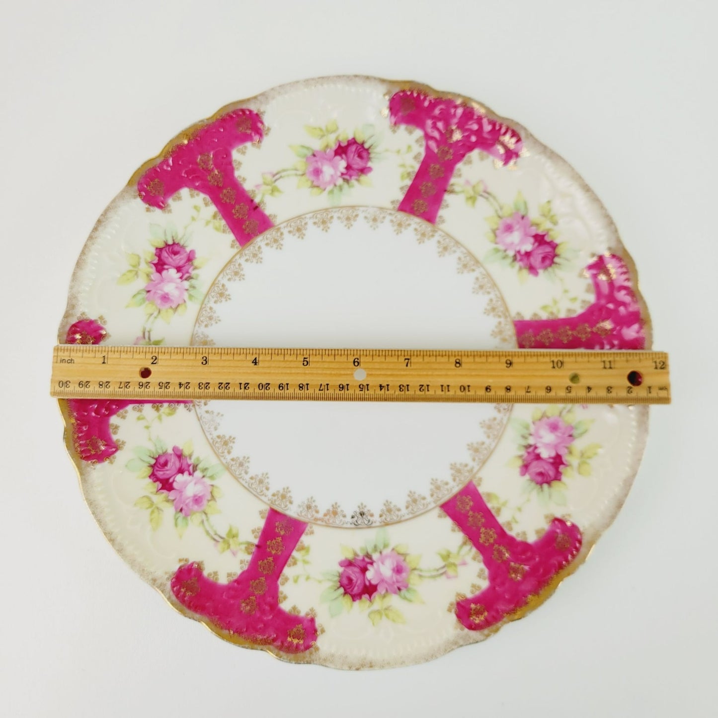 Vintage German Pink & Gold Floral Centerpiece Platter, Artist Signed, Weimar c.1848-1933 Germany
