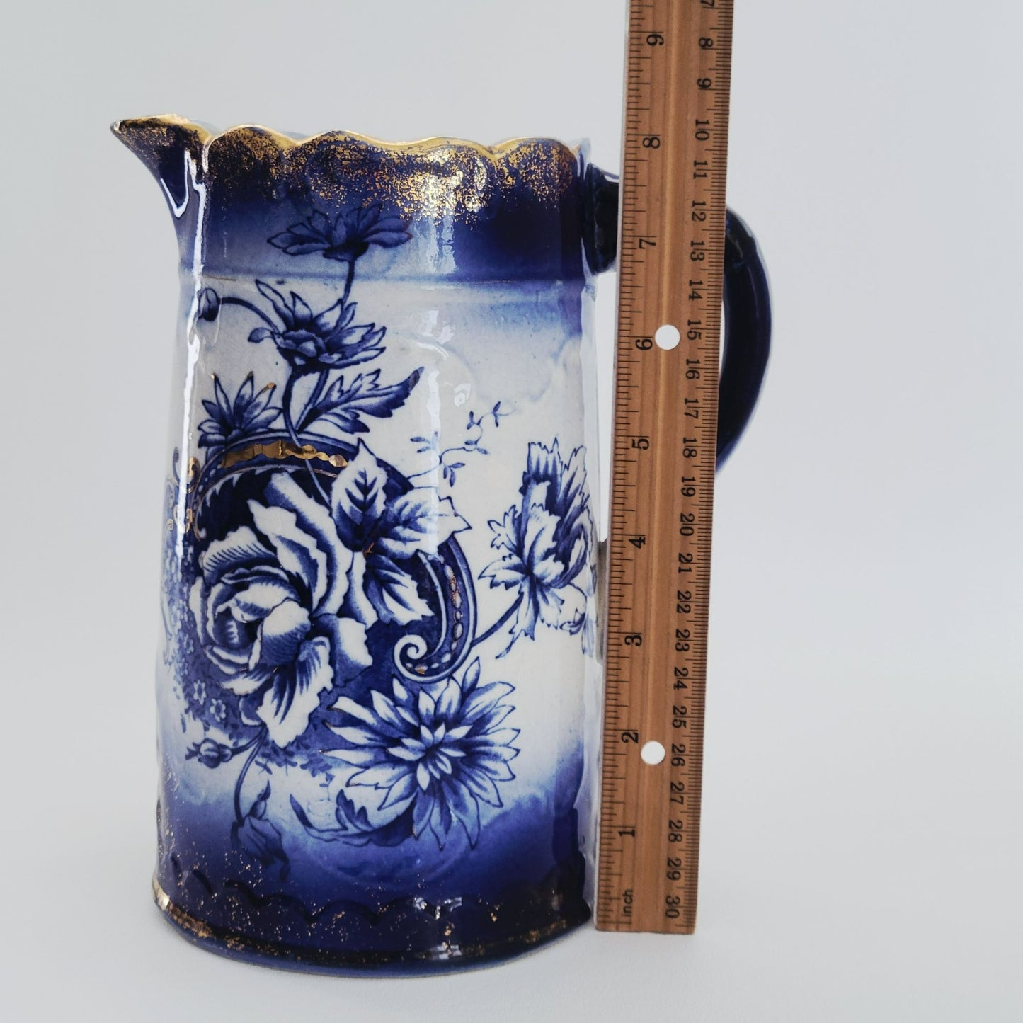 Antique Flow Blue Floral Water Pitcher
