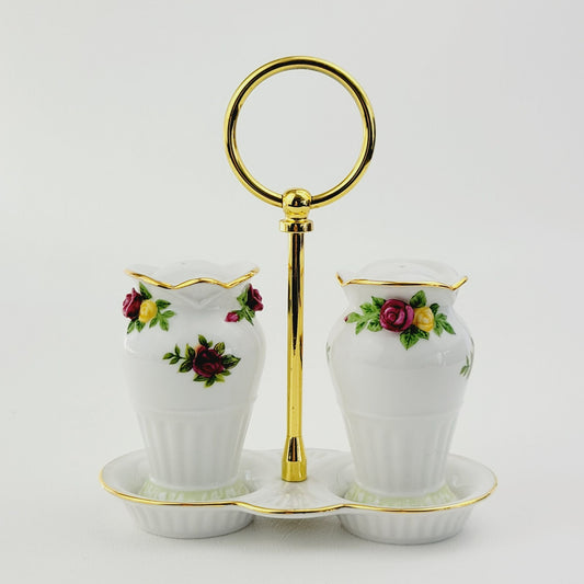 Royal Albert Old County Roses Salt, Pepper & Tray Set