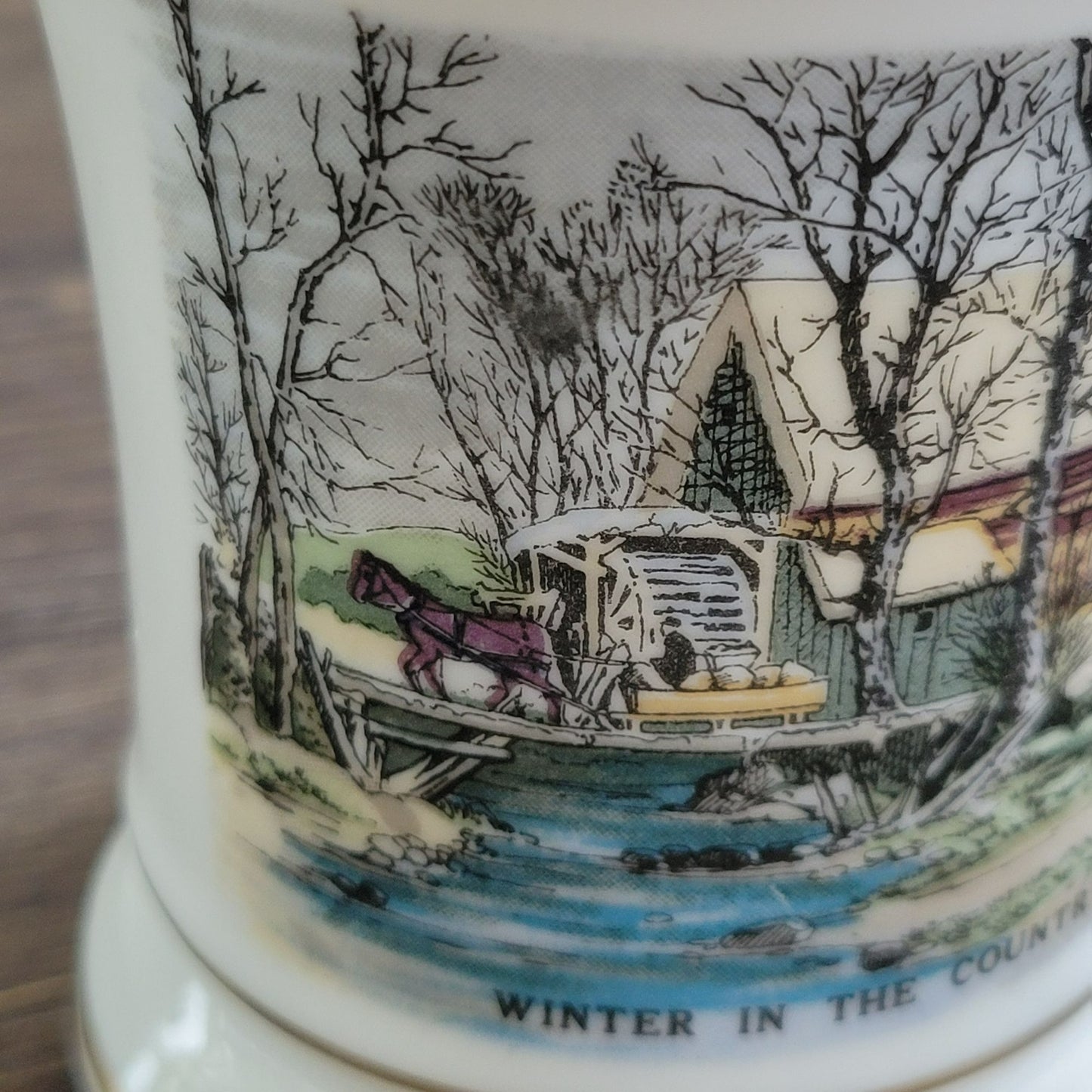 Vintage Ironstone Mustache Mug "Winter in the Country"