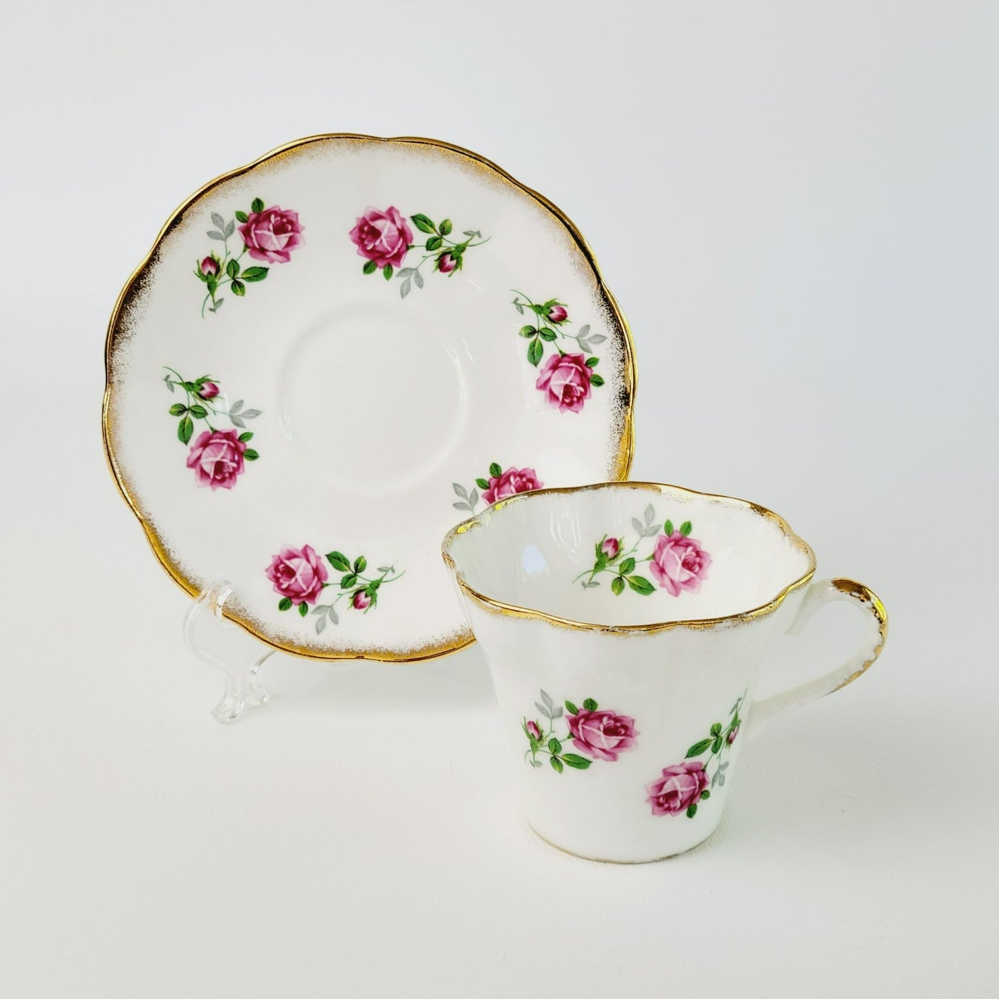 Stratford Pink Rose Tea Cup & Saucer, Fine Bone China Made In England, Lyric Shaped