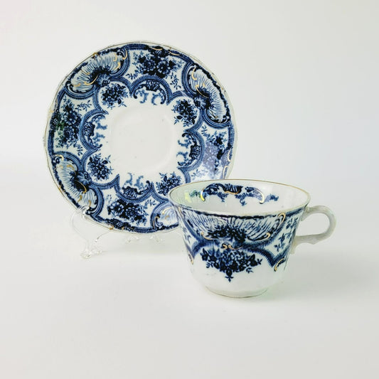 Antique J&G Meakin York Flow Blue Teacup and Saucer, c.1890-1910 England