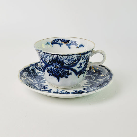 Antique J&G Meakin York Flow Blue Teacup and Saucer, c.1890-1910 England