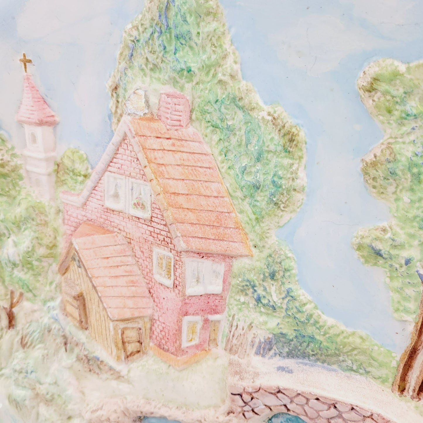 Vintage ChalkWare Hand-Painted Ceramic 3D Wall Plate With Cottage & Bridge Scene