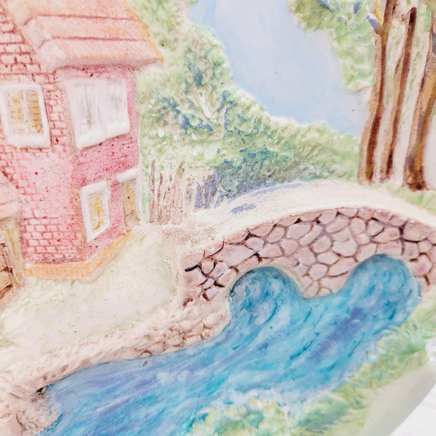 Vintage ChalkWare Hand-Painted Ceramic 3D Wall Plate With Cottage & Bridge Scene