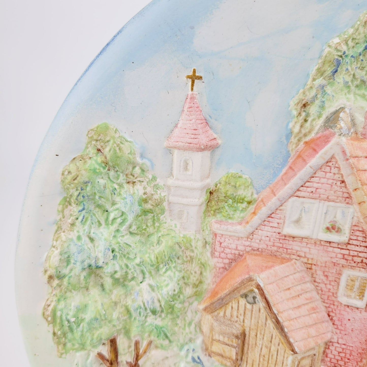 Vintage ChalkWare Hand-Painted Ceramic 3D Wall Plate With Cottage & Bridge Scene