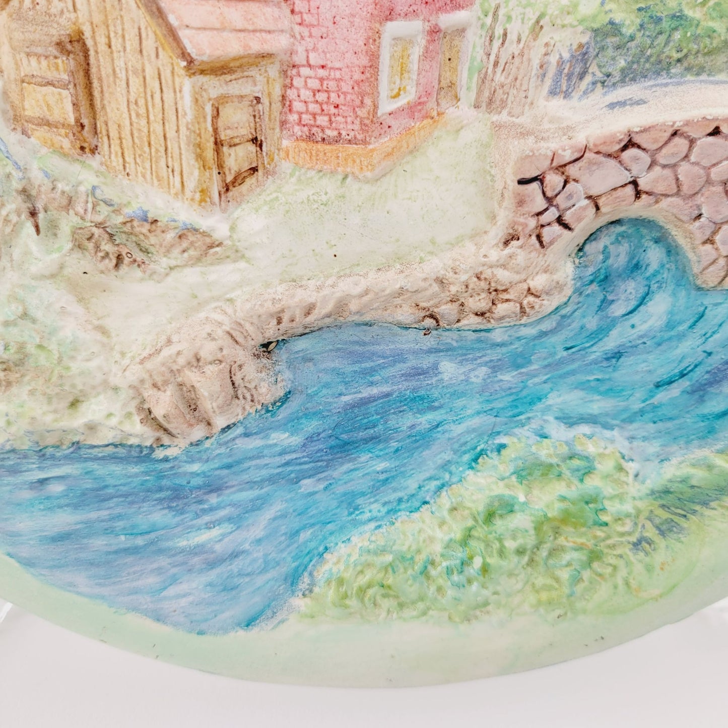 Vintage ChalkWare Hand-Painted Ceramic 3D Wall Plate With Cottage & Bridge Scene