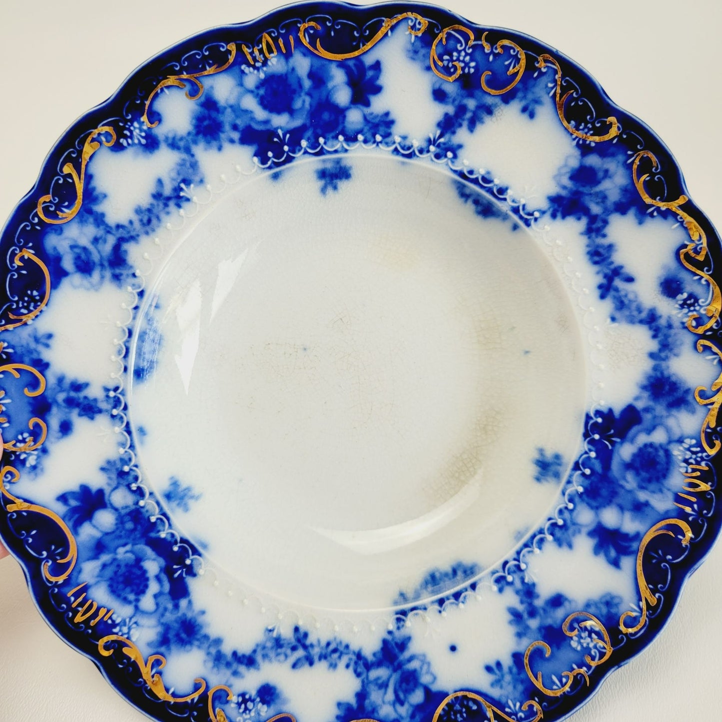 Antique Ridgway Ebor Flow Blue Soup Bowl, Gilded Gold Accents, c.1981-1920 England