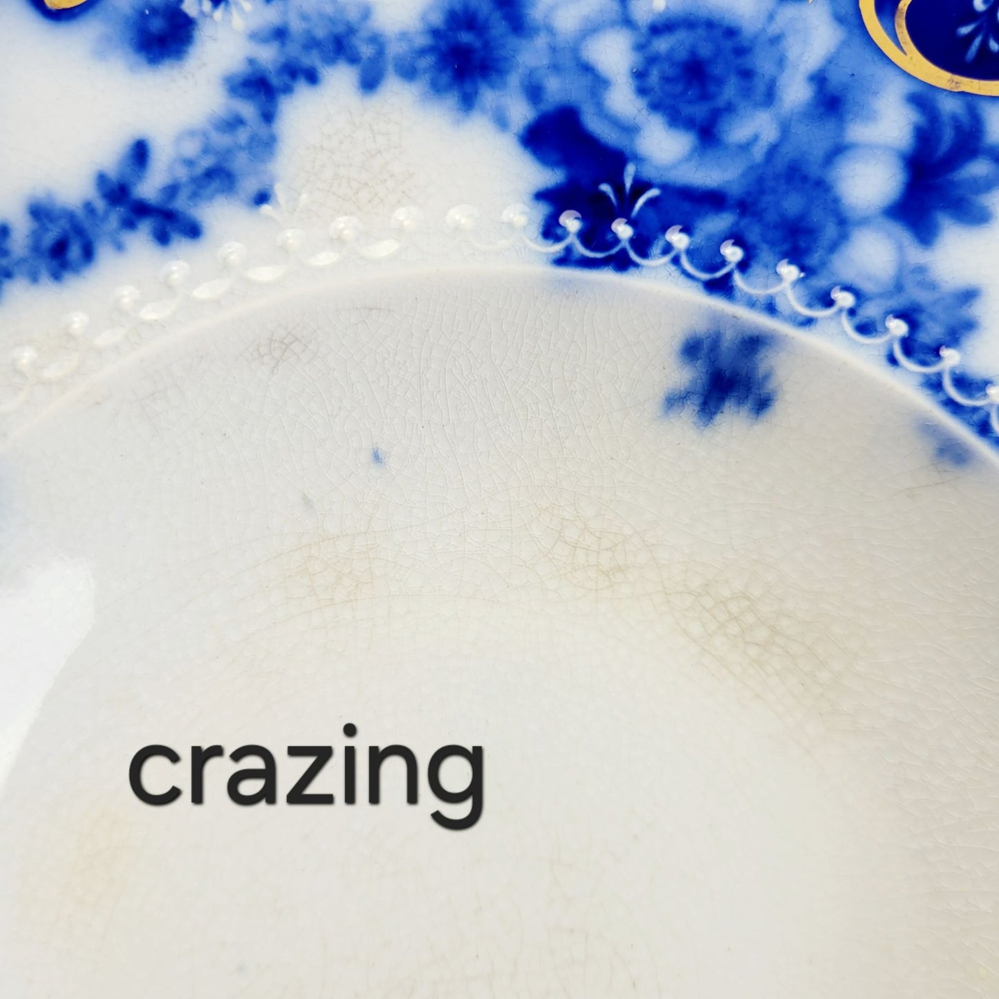 Antique Ridgway Ebor Flow Blue Soup Bowl, Gilded Gold Accents, c.1981-1920 England