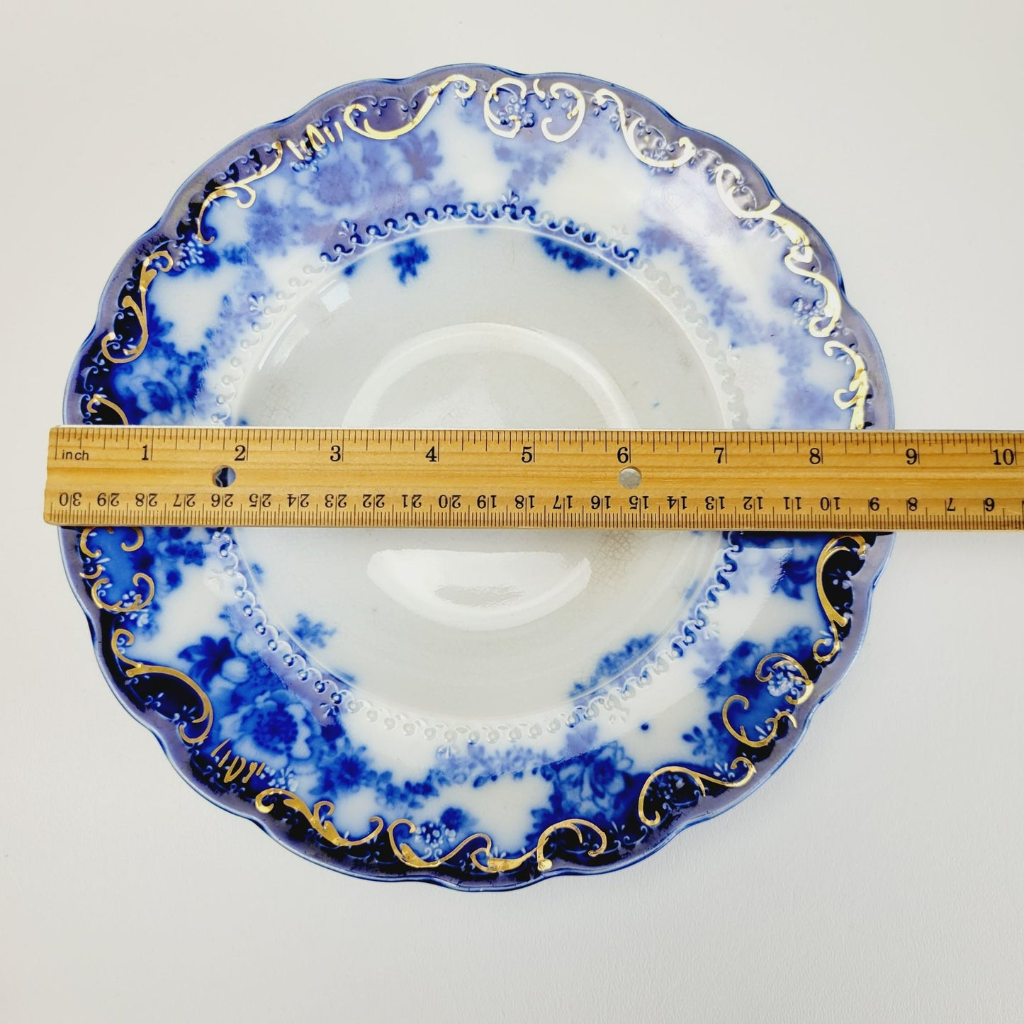 Antique Ridgway Ebor Flow Blue Soup Bowl, Gilded Gold Accents, c.1981-1920 England