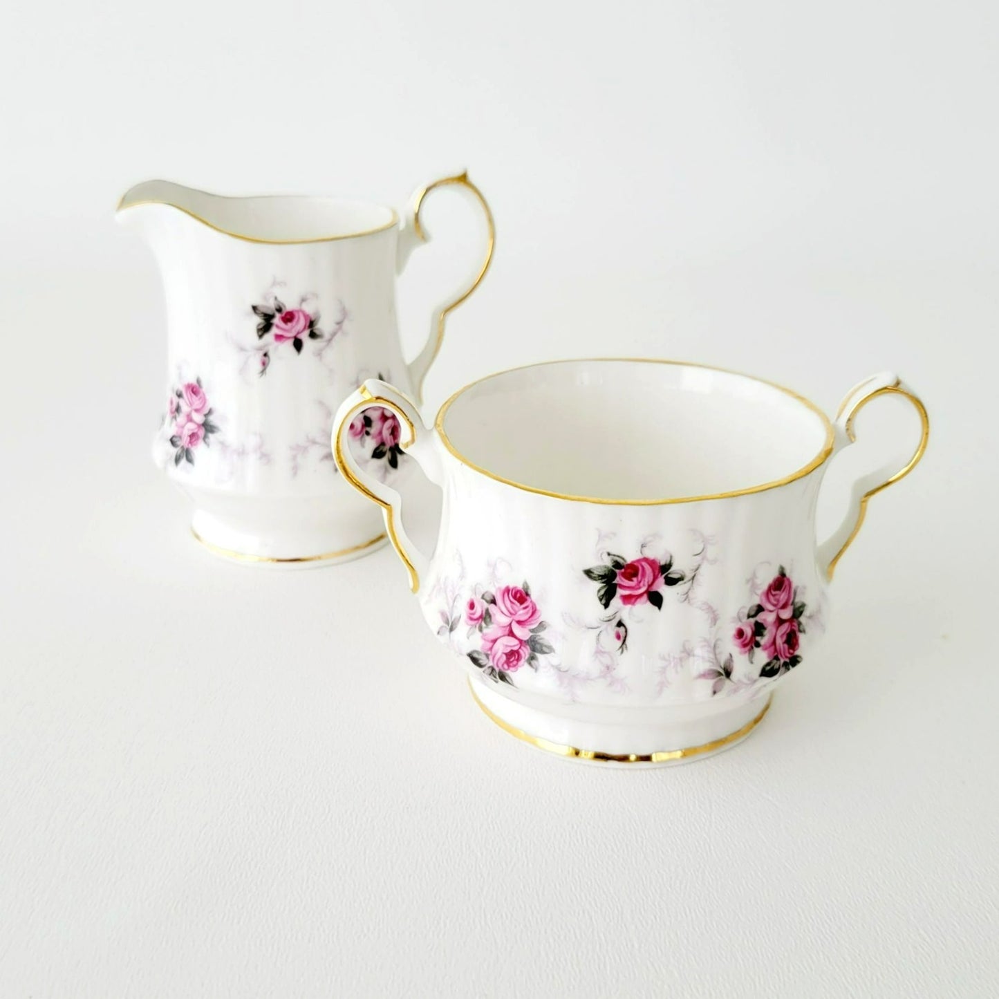 Princess House Windsor Rose Creamer & Sugar Bowl, Pink Roses, Gold Trim, Ribbed Design, England