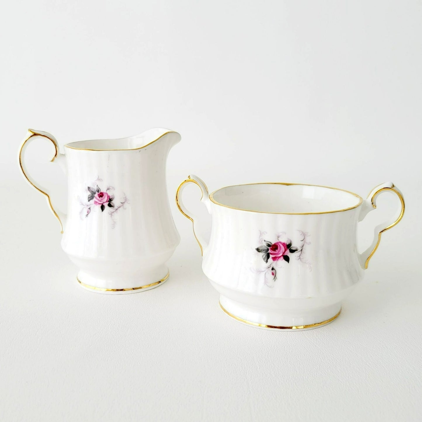 Princess House Windsor Rose Creamer & Sugar Bowl, Pink Roses, Gold Trim, Ribbed Design, England