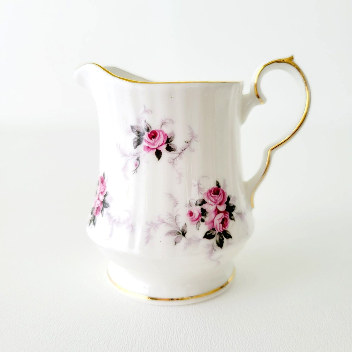 Princess House Windsor Rose Creamer & Sugar Bowl, Pink Roses, Gold Trim, Ribbed Design, England
