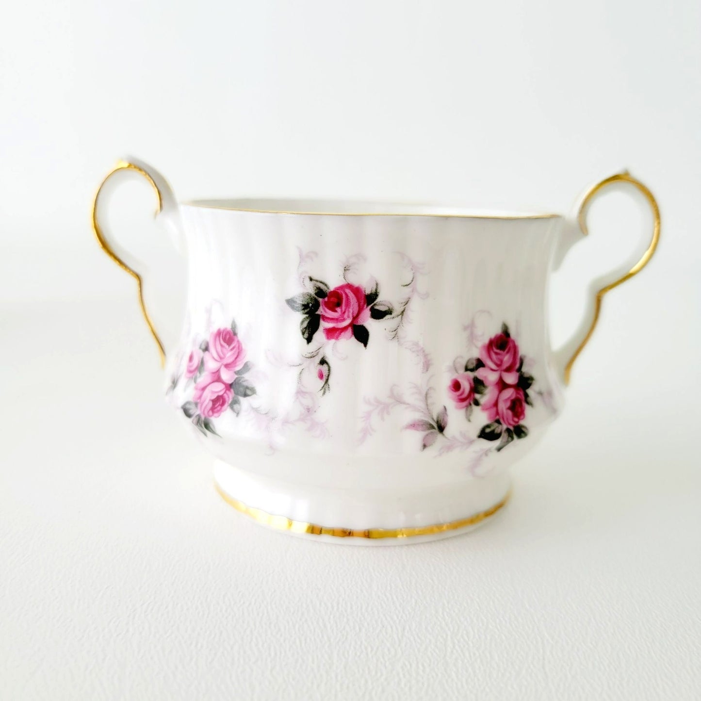 Princess House Windsor Rose Creamer & Sugar Bowl, Pink Roses, Gold Trim, Ribbed Design, England