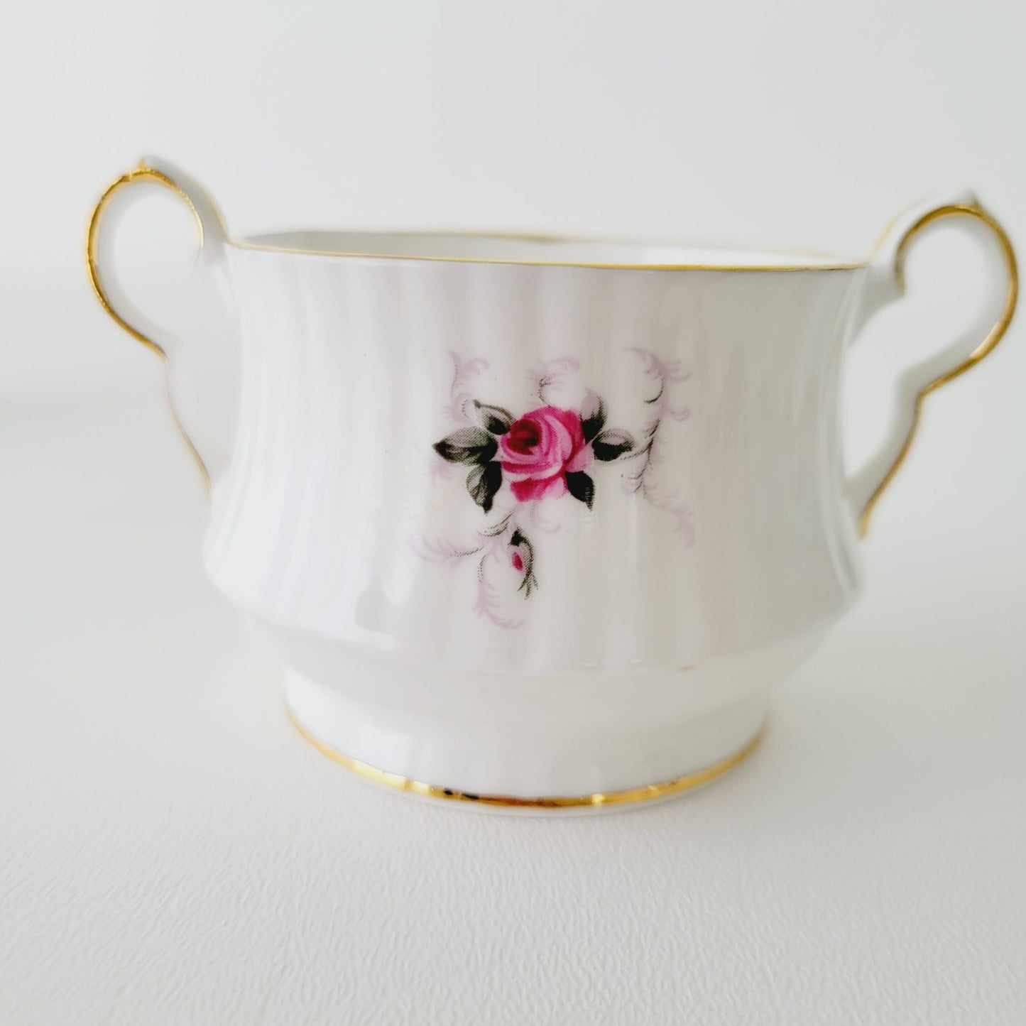 Princess House Windsor Rose Creamer & Sugar Bowl, Pink Roses, Gold Trim, Ribbed Design, England