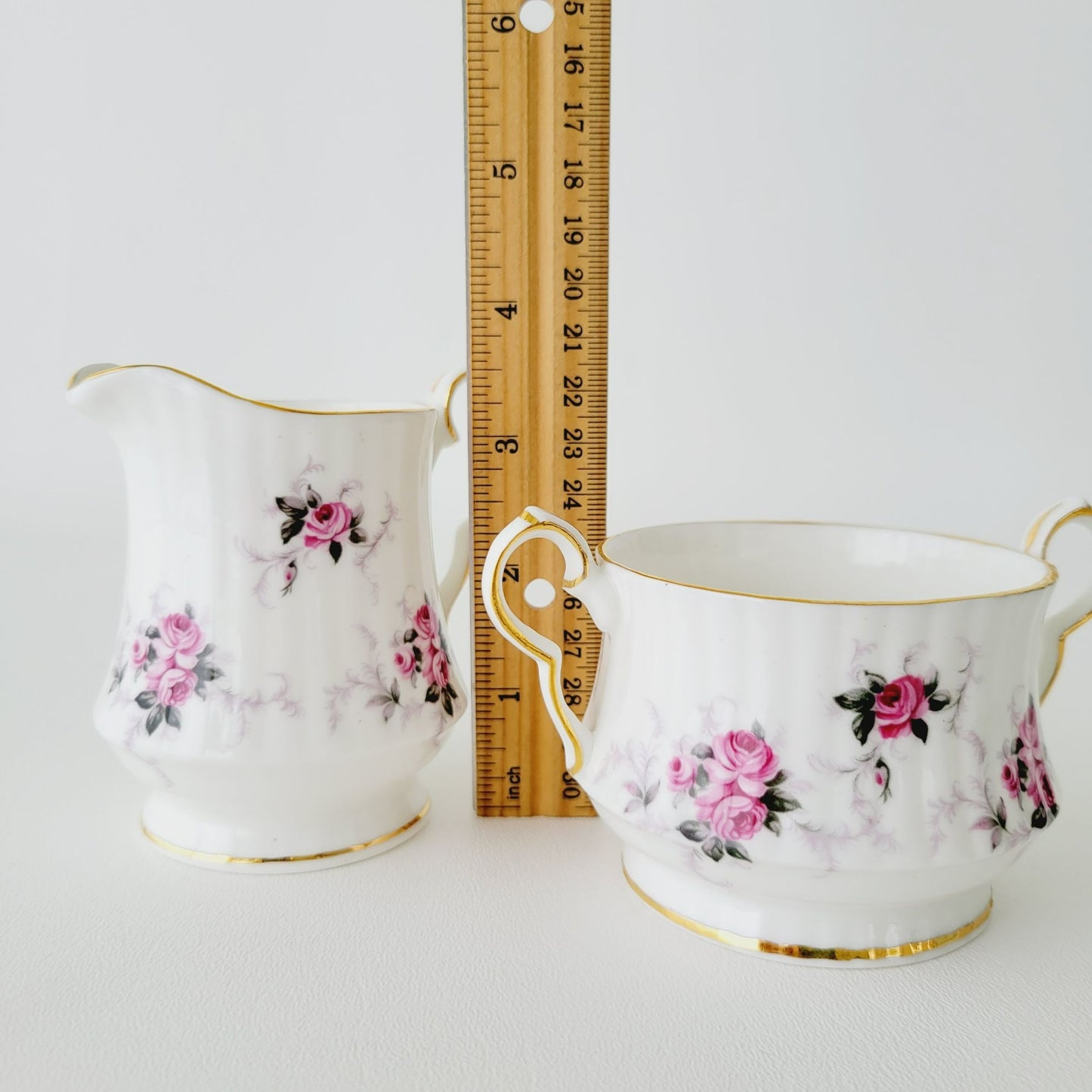 Princess House Windsor Rose Creamer & Sugar Bowl, Pink Roses, Gold Trim, Ribbed Design, England