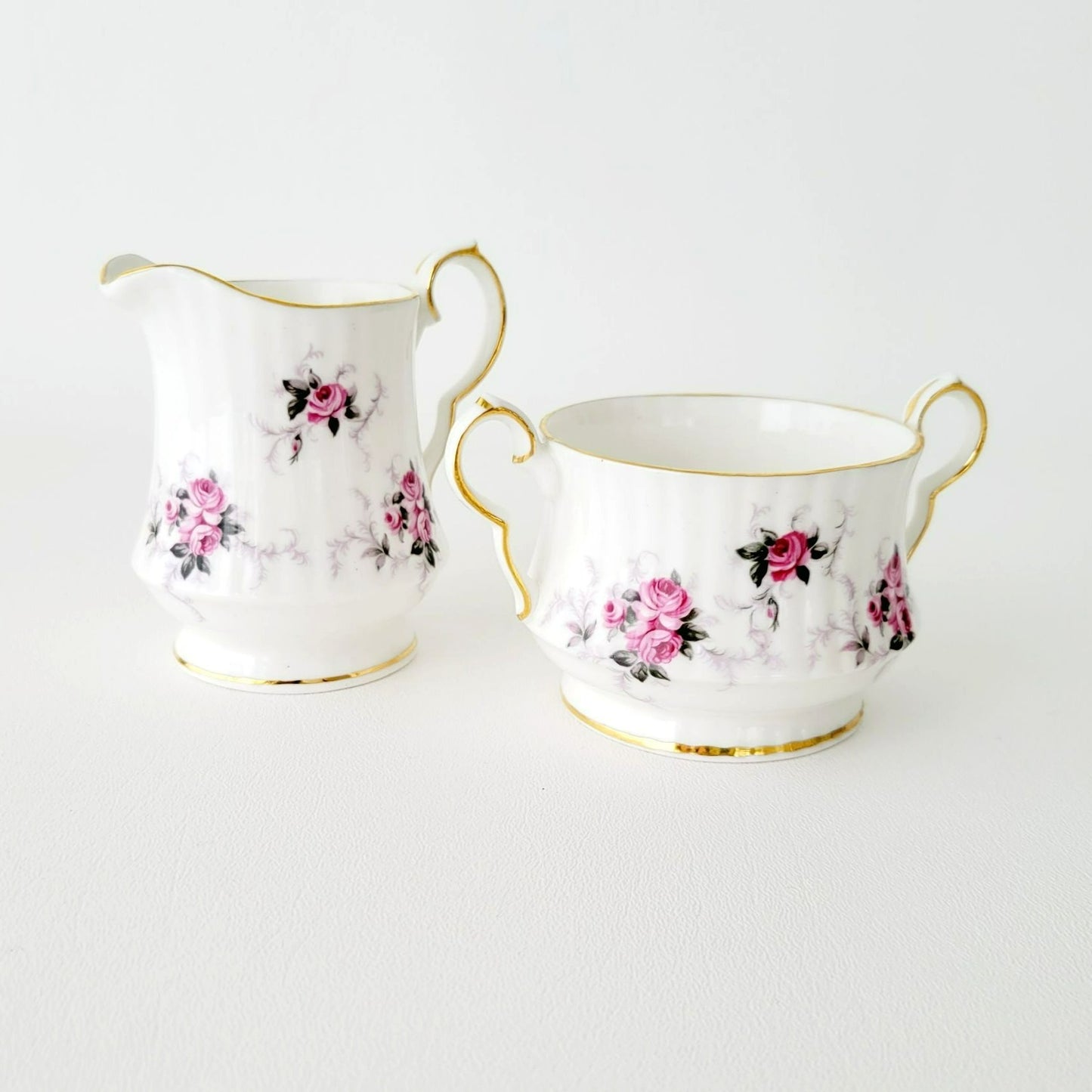 Princess House Windsor Rose Creamer & Sugar Bowl, Pink Roses, Gold Trim, Ribbed Design, England