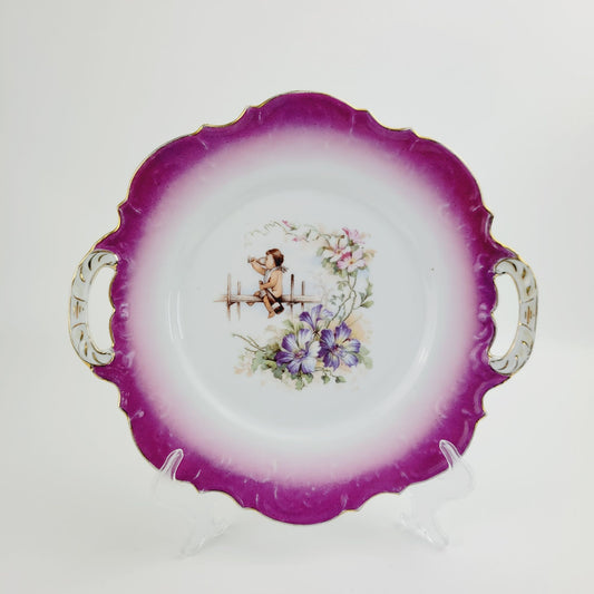 Drinking Cherub & Floral Decorative Plate, Pink & White, Embossed Edge Handled Cake Plate