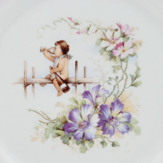 Drinking Cherub & Floral Decorative Plate, Pink & White, Embossed Edge Handled Cake Plate