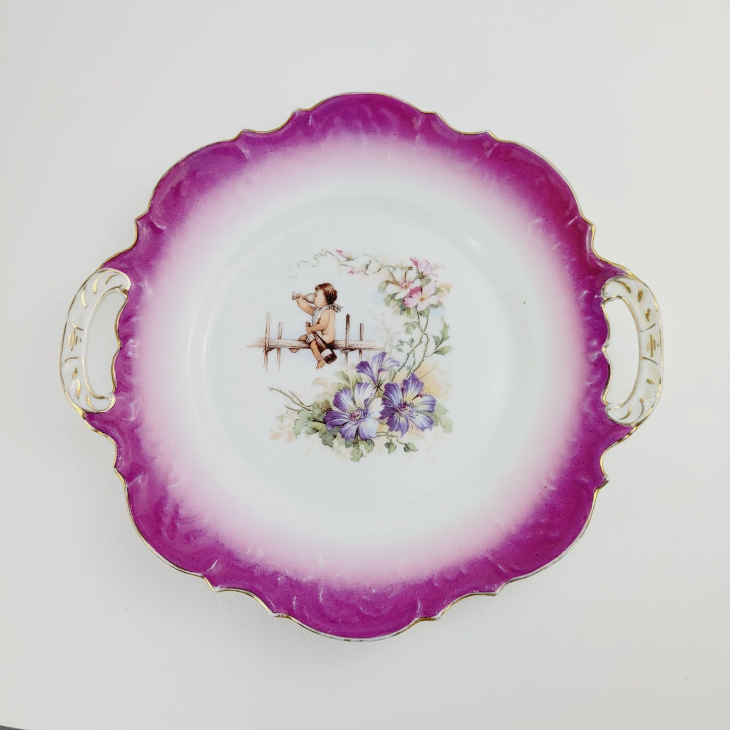Drinking Cherub & Floral Decorative Plate, Pink & White, Embossed Edge Handled Cake Plate