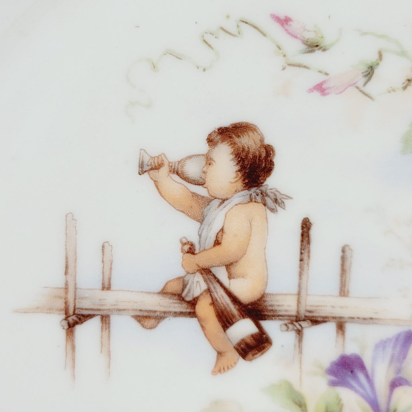 Drinking Cherub & Floral Decorative Plate, Pink & White, Embossed Edge Handled Cake Plate