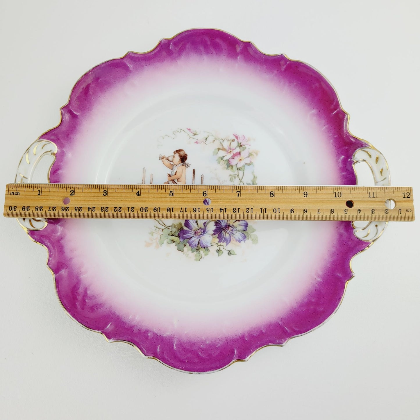 Drinking Cherub & Floral Decorative Plate, Pink & White, Embossed Edge Handled Cake Plate