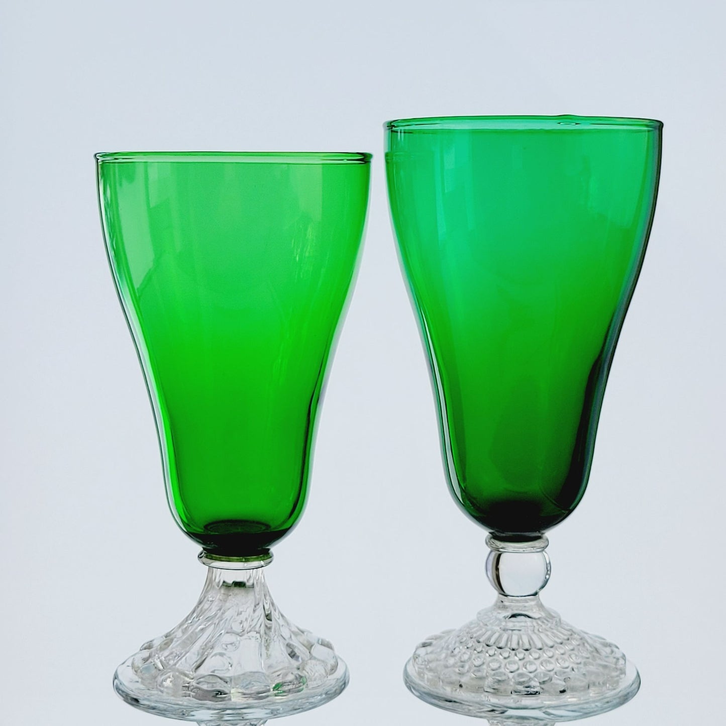 Anchor Hocking Mismatched Green Glasses, Set of 2, Bubble Foot & Burple Inspiration Swirl