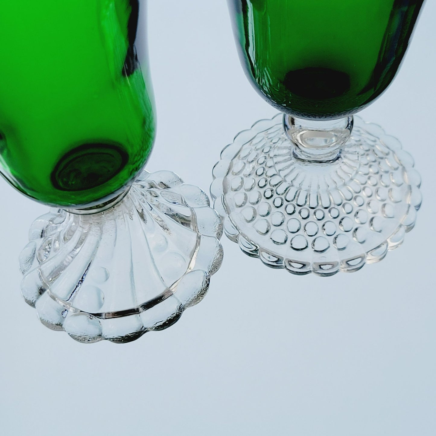 Anchor Hocking Mismatched Green Glasses, Set of 2, Bubble Foot & Burple Inspiration Swirl