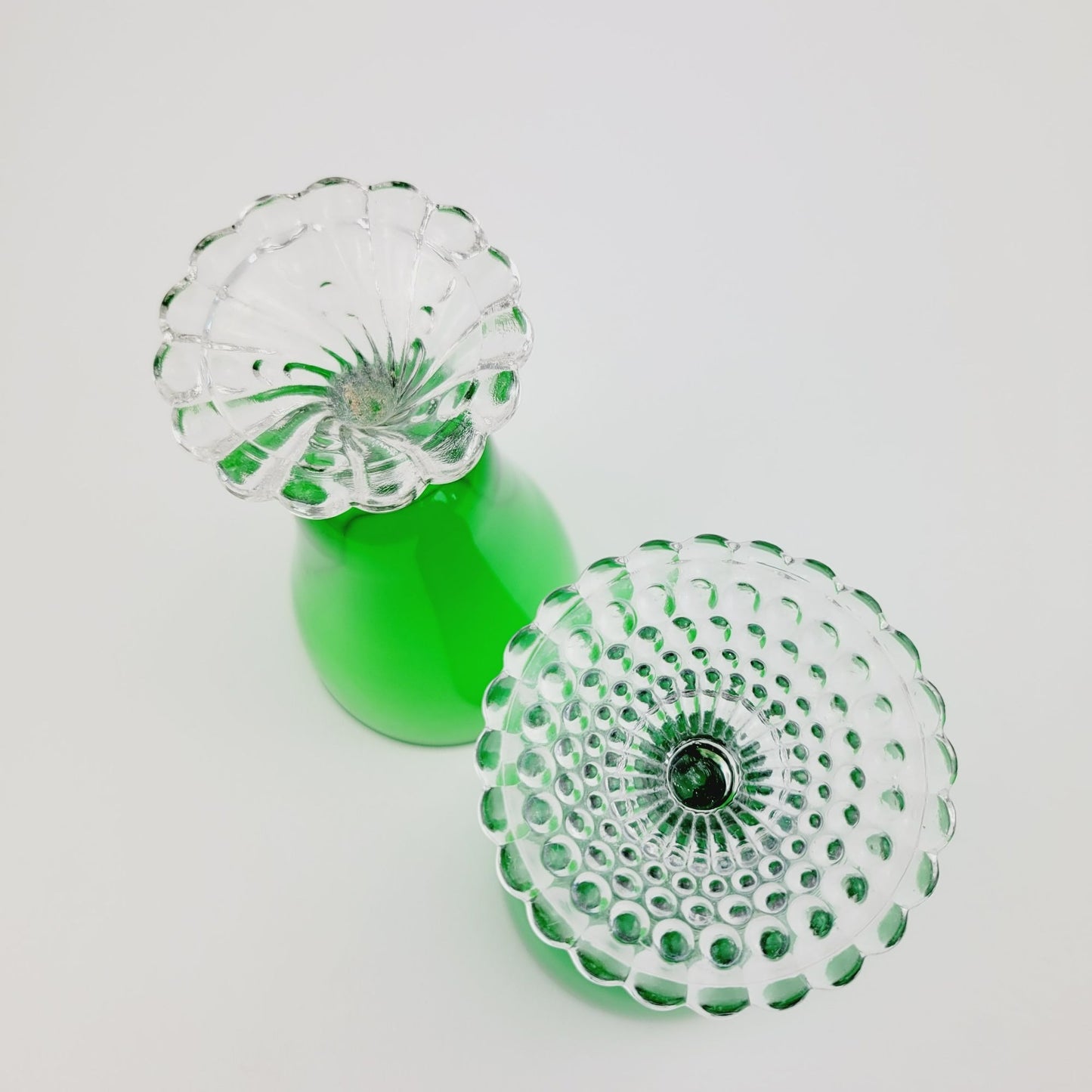 Anchor Hocking Mismatched Green Glasses, Set of 2, Bubble Foot & Burple Inspiration Swirl