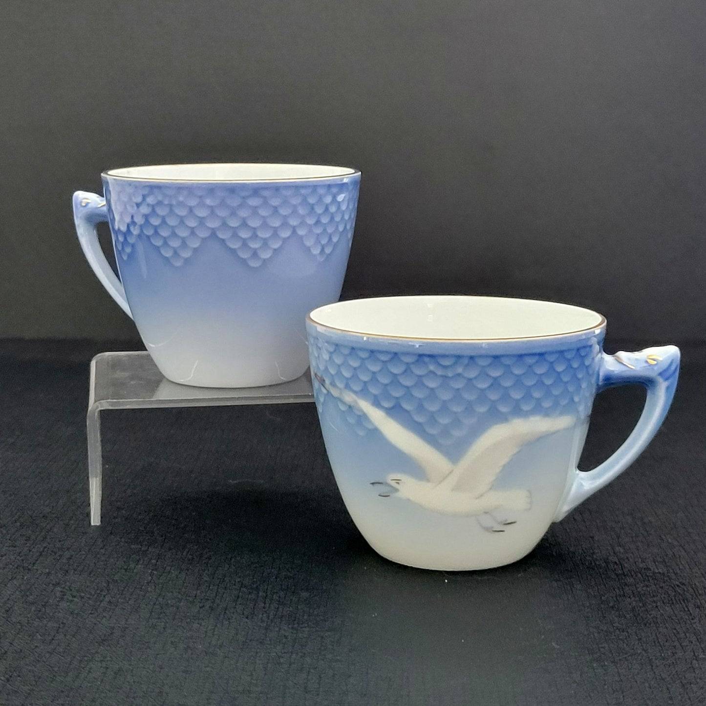 Bing & Grondahl Seagull Espresso Cup Set, Blue & White Ombre, Embossed with Gold Trim, Made in Denmark