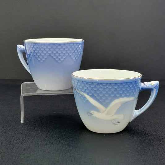 Bing & Grondahl Seagull Espresso Cup Set, Blue & White Ombre, Embossed with Gold Trim, Made in Denmark