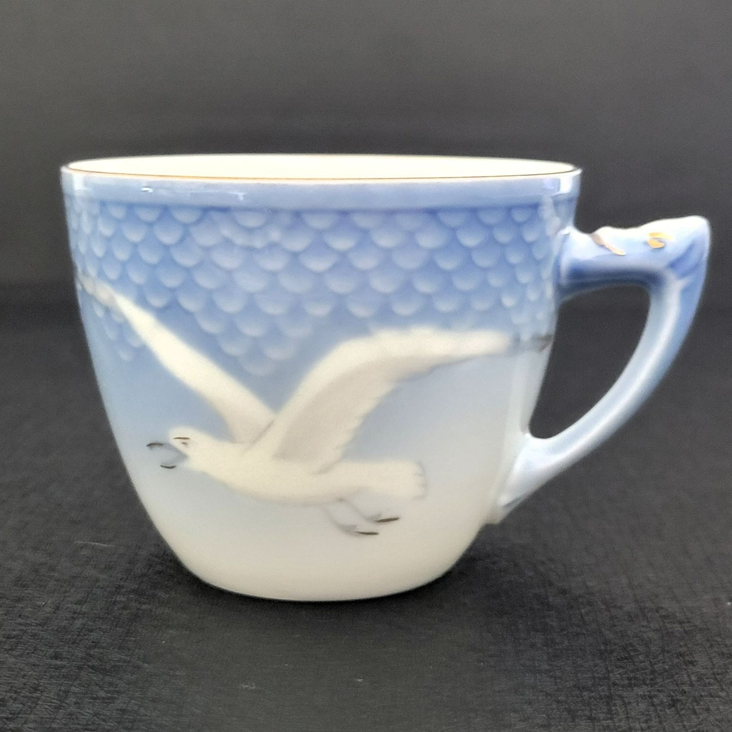 Bing & Grondahl Seagull Espresso Cup Set, Blue & White Ombre, Embossed with Gold Trim, Made in Denmark