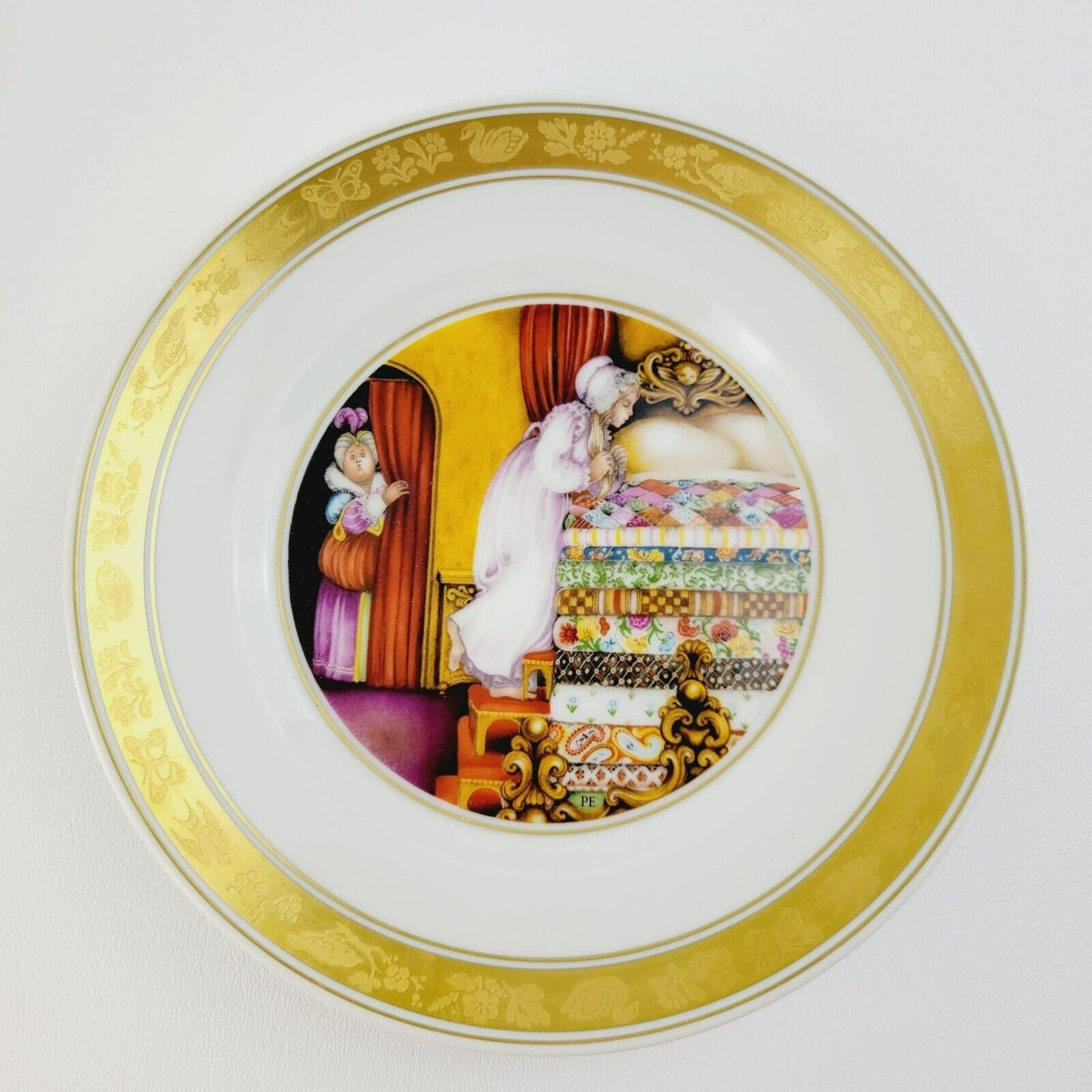 Royal Copenhagen Princess & The Pea Hans Christian Andersen Fairy Tale Plate, Gold Trim with Etched Design, c.1975-76 Denmark