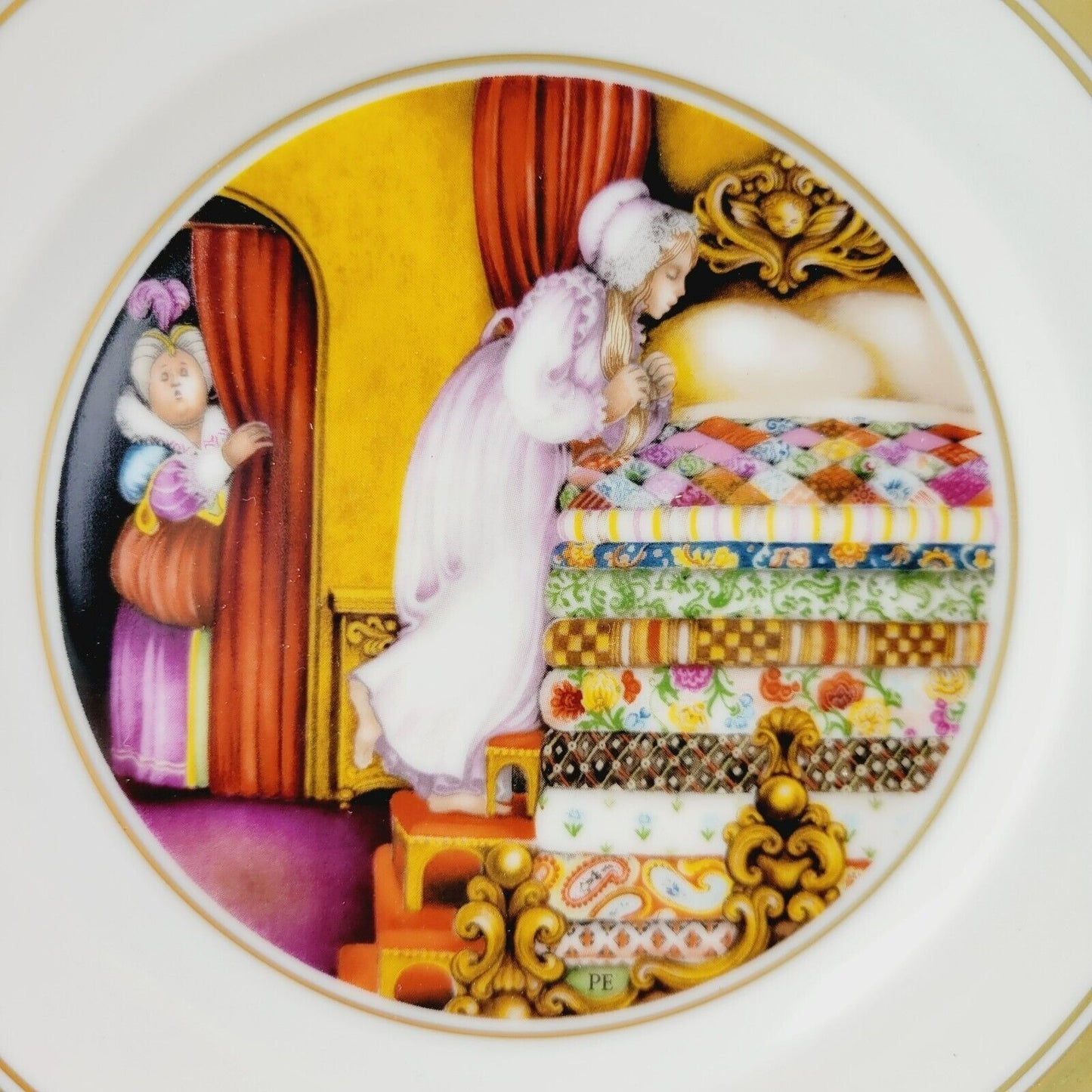 Royal Copenhagen Princess & The Pea Hans Christian Andersen Fairy Tale Plate, Gold Trim with Etched Design, c.1975-76 Denmark