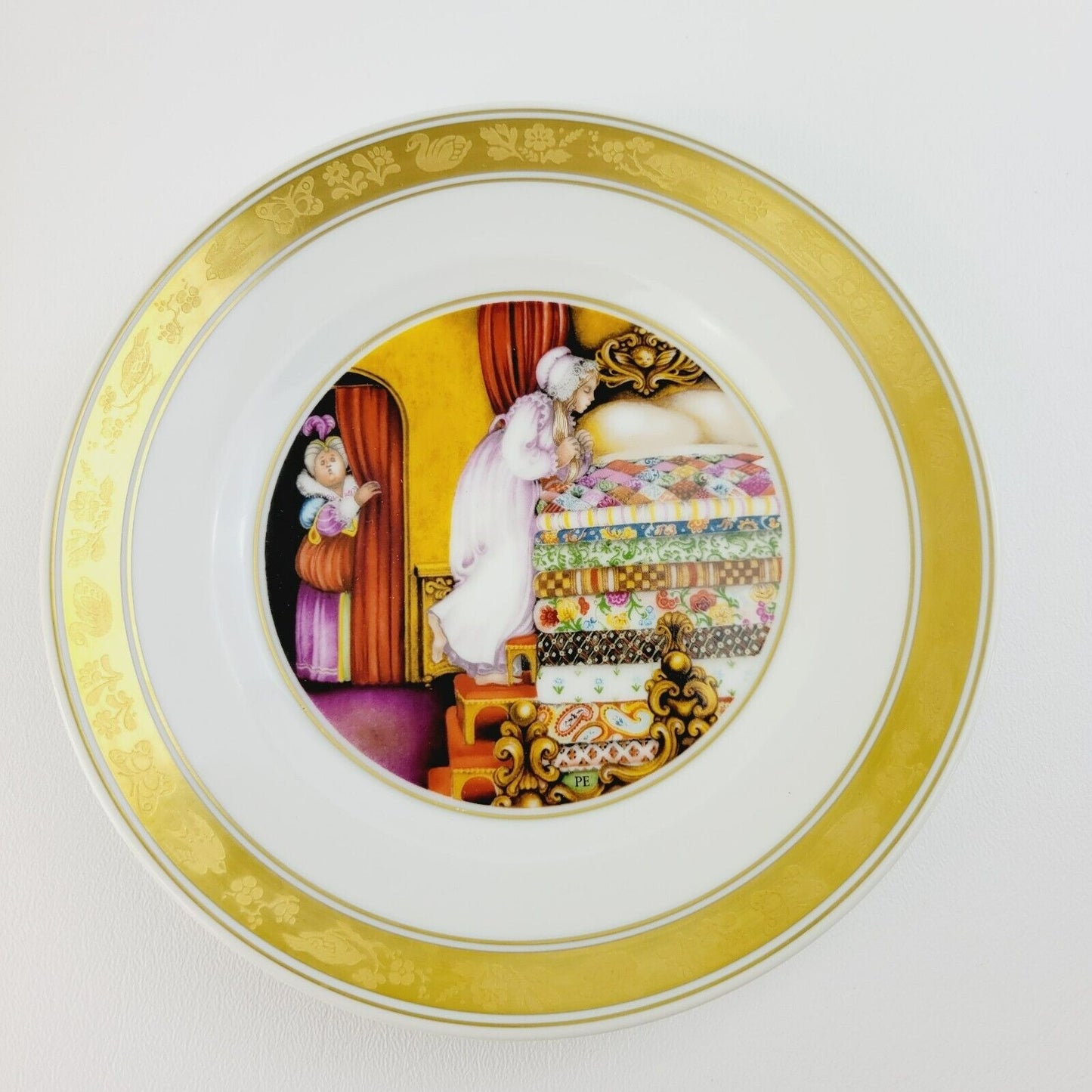 Royal Copenhagen Princess & The Pea Hans Christian Andersen Fairy Tale Plate, Gold Trim with Etched Design, c.1975-76 Denmark